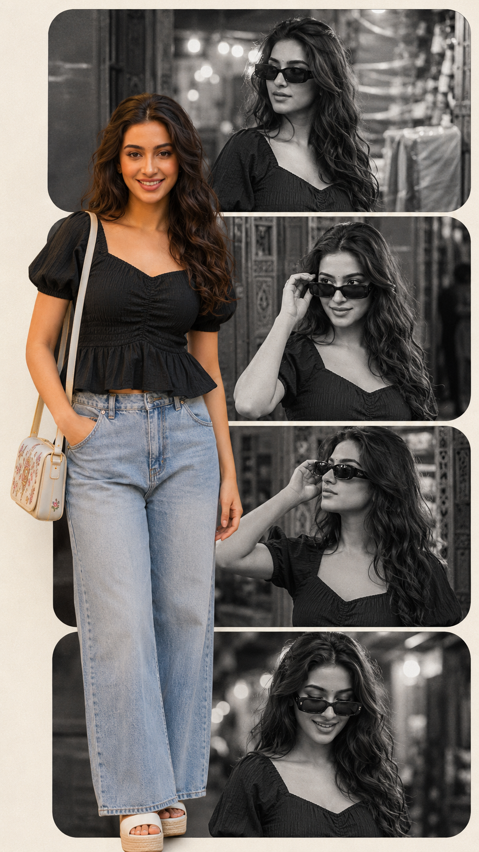 Fashionable Film-Inspired Collage Portrait Black Short Prompt